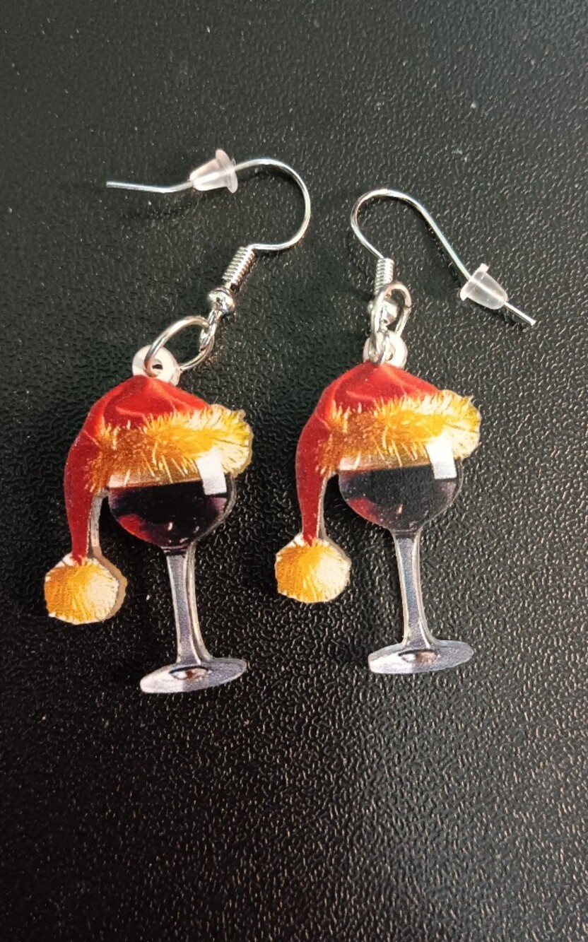 2 Festive Wine Glass Santa Hat Earrings (New) - Picture 3 of 3